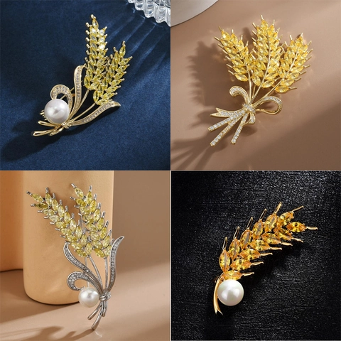 Elegante Spilla a Spiga di Grano per Donna Zircone Giallo Perla Artificial Bianca Lega Placcata Oro Argento Accessorio Moda Abbigliamento