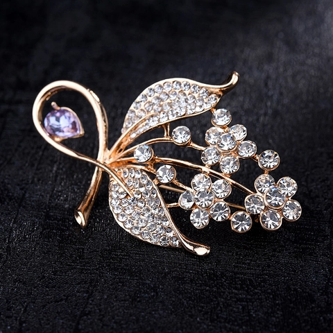 Eleganter Goldlegierung Blumen Blatt Brosche Für Damen Mit Lila Wassertropfen Strass Weiß Kristall Mode Schmuck Geschenk