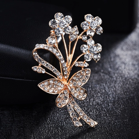 Spilla Vintage a Forma di Fiore e Fiocco per Donna in Lega Placcata Oro con Strass Trasparenti per Scialle Gioielli Eleganti