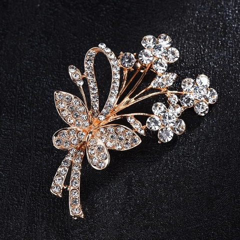 Spilla Vintage a Forma di Fiore e Fiocco per Donna in Lega Placcata Oro con Strass Trasparenti per Scialle Gioielli Eleganti