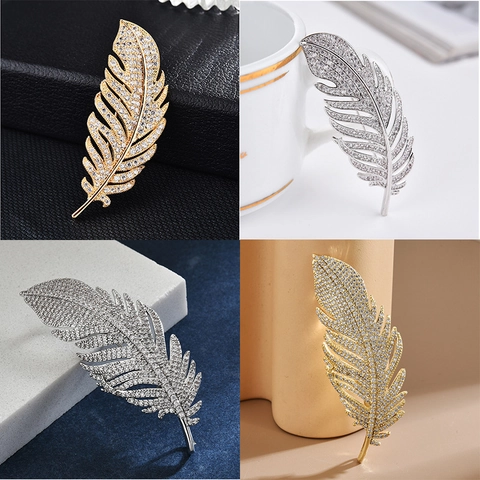 Luxus Zirkonia Feder Brosche Kupfer Eingelegte Strass Pin Mode Elegant Unisex Anzug Zubehör Gold Silber Ton Schmuck