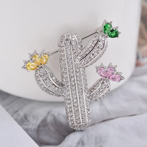 Fashion Alloy Cactus Brooch Pin With Multi-Color Zircon For Women Plant Shape Elegant Clothing Decoration Jewelry Accessories
