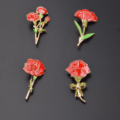 Mode Rot Emaille Nelke Brosche Für Damen Goldton Legierung Strass Blumen Anstecknadel Muttertag Elegant Schmuck Geschenk