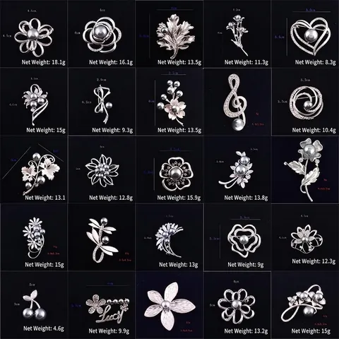 Elegante Spilla Floreale in Lega con Künstliche Perle Sintetiche Grigie per Donna Strass Design a Foglia di Fiore Argento Opaco Gioielli