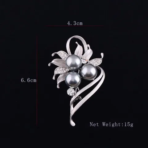 Elegante Spilla Floreale in Lega con Künstliche Perle Sintetiche Grigie per Donna Strass Design a Foglia di Fiore Argento Opaco Gioielli