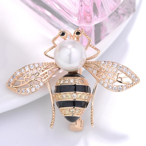 Eleganter Kupfer Bienenbrosche Für Damen Mit Zirkonia Und Künstlicher Perle Eingelegt Emaille Tier Anstecknadel Modeschmuck Geschenk
