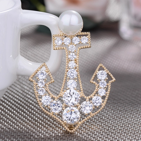 Elegante Spilla Ancora Nautica Da Donna In Rame Con Zirconia E Perla Artificiale Gioielli Di Moda Per Feste E Matrimoni