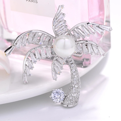 Eleganter Kokospalme Brosche Damen Kupfer Zirkonia Künstliche Perle Eingelegt Palme Reversnadel Mode Schmuck Geschenk