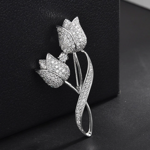 Elegante Broche de Tulipán de Cobre para Mujer Con Circonia Incrustada Broche de Flor Tono Plateado para Trajes Suéteres