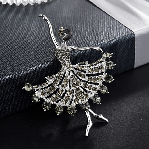 Elegante Ballett Tänzerin Brosche Für Damen Silber Legierung Mit Schwarzen Strasssteinen Exquisite Kleidernadel Schmuck Geschenk