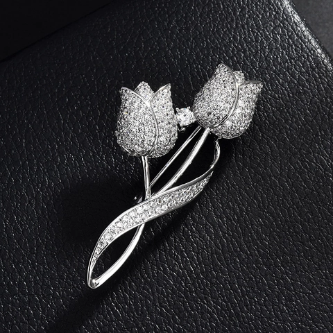 Elegante Broche de Tulipán de Cobre para Mujer Con Circonia Incrustada Broche de Flor Tono Plateado para Trajes Suéteres