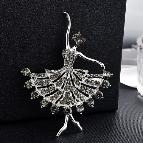 Elegante Ballett Tänzerin Brosche Für Damen Silber Legierung Mit Schwarzen Strasssteinen Exquisite Kleidernadel Schmuck Geschenk