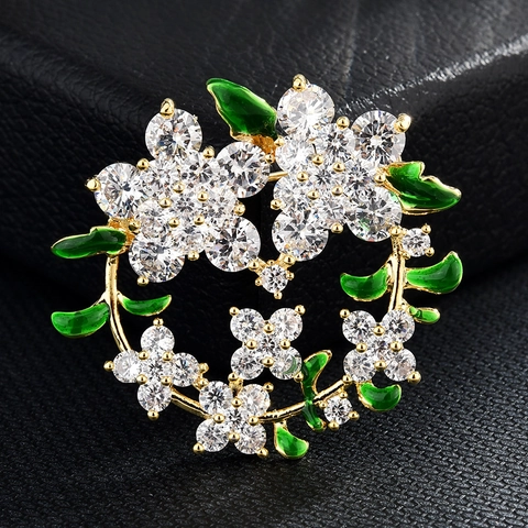 Eleganter Blumenkranz Brosche Für Damen Zirkonia Kupfer Vergoldet Grüne Florale Brosche Pin Für Anzug Und Mantel