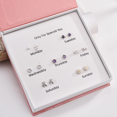 Koreanische Wöchentliche Zirkonia Ohrstecker Mit 925 Sterling Silber Stift Kupfer Vergoldet Herz Stern Blumen Schmuck Damen Geschenk