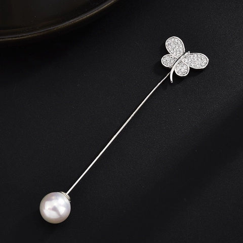 Elegante Broche de Cobre con Diamantes de Imitación y Perla Artificial Estilo Coreano Mariposa Flor Ojo Concha para Abrigo y Traje Mujer