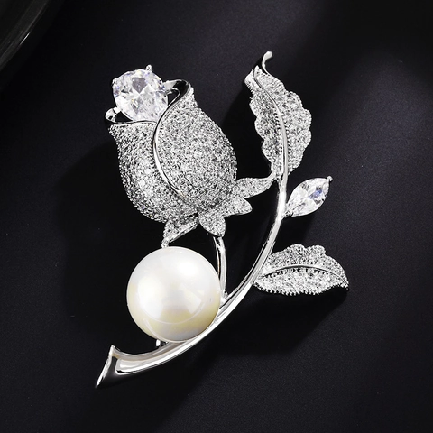 Elegante Broche de Flor de Rosa de Cobre con Circón y Perla Artificial para Mujer Moda Boda Banquete Abrigo Traje Accesorios Joyería