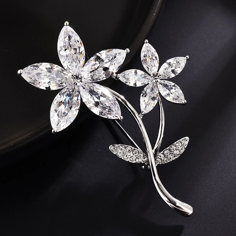 Luxury Copper Zirconia Flower Brooch Pin Silver Plated Marquise Cut Crystal Floral Corsage Jewelry Gift For Women