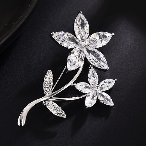 Luxury Copper Zirconia Flower Brooch Pin Silver Plated Marquise Cut Crystal Floral Corsage Jewelry Gift For Women