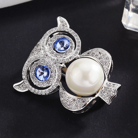 Elegante Spilla Gufo Animale per Donna Tonalità Argento Rame Perla Artificial Bianca Zircone Blu Micro Pavé Strass Gioielli Regalo