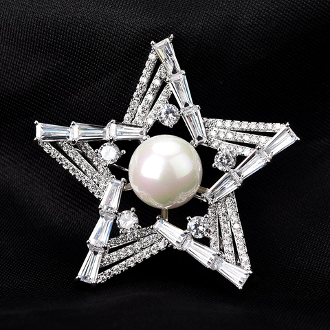 Elegante Spilla a Stella a Cinque Punte Per Donna Trendy Con Perla Artificiale Strass Intarsiato Stella Luccicante Gioielli