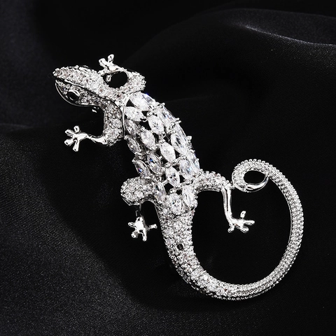 Broche Lézard en Zirconia Style Européen Américain Pin Animal Gecko Corsage en Cuivre Incrusté Bijoux pour Femmes Hommes
