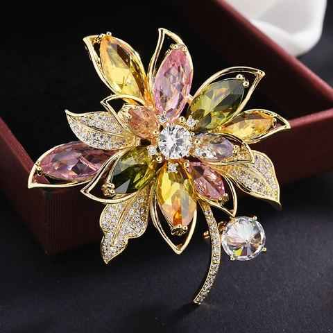 Eleganter Zirkonia Blumen Brosche Für Damen Hochwertige Kupfer Floral Corsage Pin Für Hochzeit Party Anzug Zubehör