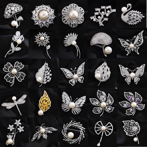 Elegant Copper Brooch With Zirconia And Artificial Pearl Fashion Swan Flower Animal Pins For Wedding Party Women Jewelry Gift