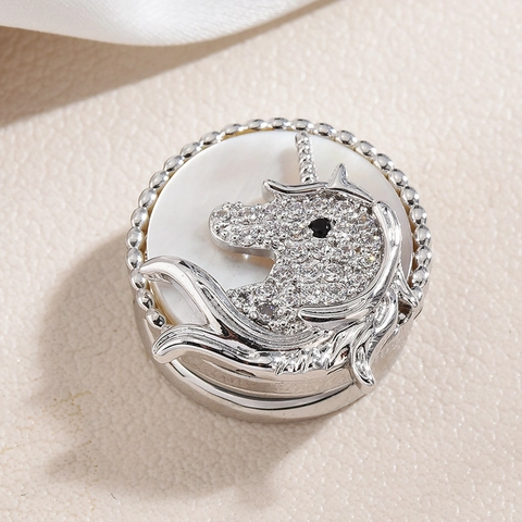 Broche Magnético de Cobre Color Plata Unicornio con Strass y Decoración de Nácar Artificial Joyería para Mujer