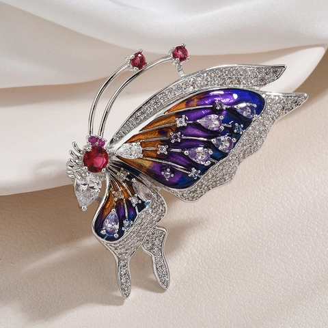 Elegante Broche de Mariposa de Esmalte para Mujer Colorido Esmalte de Aceite Cobre Strass Pin para Boda Fiesta Joyería de Moda