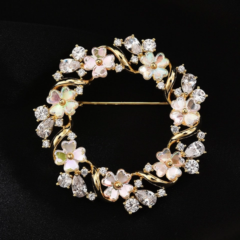 Eleganter Kupfer Zirkonia Blumenkranz Brosche Damen Hochwertig Emaille Blumenkreis Reversnadel Schmuck Geschenk