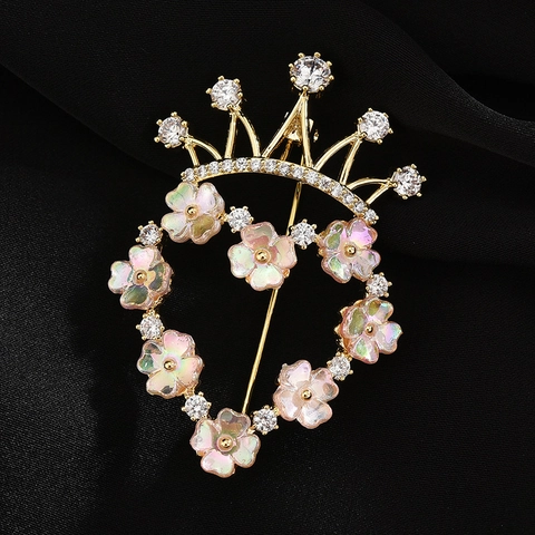 Elegant Crown Heart Brooch Zircon Copper Pin Shell Flower Corsage For Women Suit Dress Accessories Fashion Jewelry