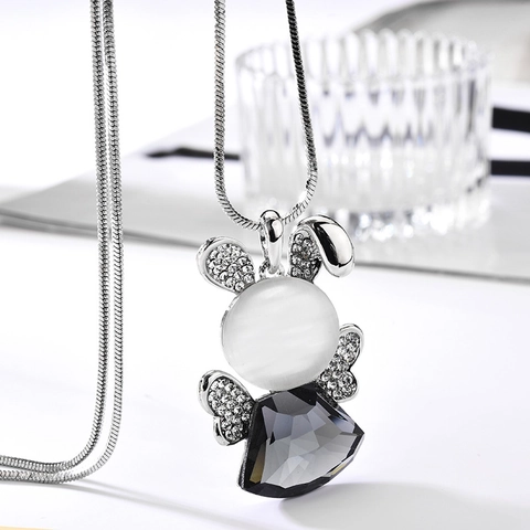Lange Legierung Kette Hase Form Synthetischer Katzenaugenstein Kristall Anhänger Strass Verziert Damen Mode Schmuck