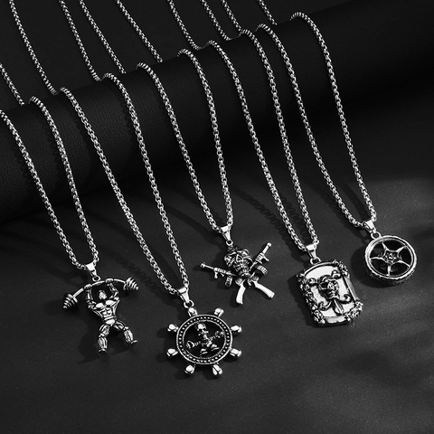 Vintage Hip Hop Herren Legierung Anhänger Halskette Punk Gothic Totenkopf Anker Krone Klinge Speer Stern Flügel Schmuck Geschenk