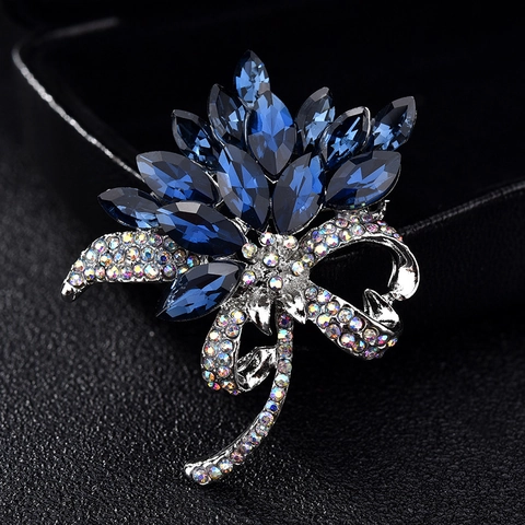 Elegant Alloy Floral Brooch For Women Luxurious Marquise Rhinestone Flower Corsage Pin With Bow Detail Fashion Clothing Jewelry