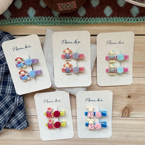 Sweet Cartoon Animal Hair Clips For Girls Velvet Wrapped Pompom Hairpins Kids Cute Bear Rabbit Dog Side Clips Hair Accessories