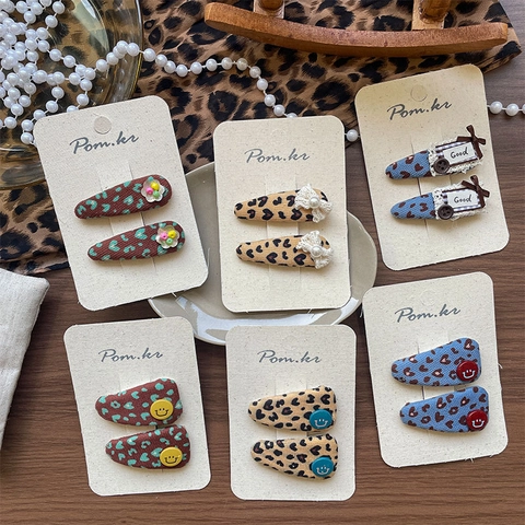 Estilo Coreano Vintage Pinzas para el Cabello de Leopardo para Niñas Hecho a Mano Tela Clips BB Lazo Corazón Horquillas para Mujer Niños