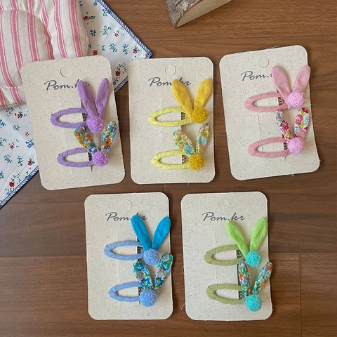 Sweet Floral Rabbit Ear Hair Clips For Kids Girls Handmade Fabric Hairpins Plush Ball Cute Headwear Accessories Everyday Hair Decoration