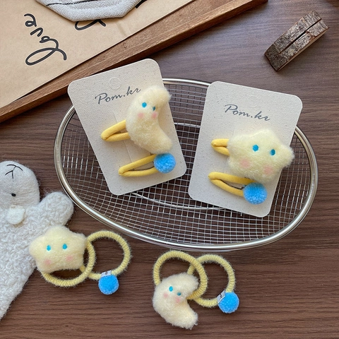 Ensemble de Barrettes Et Élastiques à Cheveux En Peluche Étoile Lune Pour Enfants Filles Accessoires Pour Cheveux En Tissu Doux