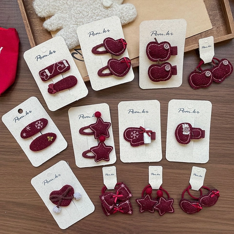 Pinces à Cheveux et Élastiques en Tissu Rouge Faits Main pour Enfants Accessoires de Cheveux Broderie Étoile et Cœur