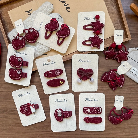 Pinces à Cheveux et Élastiques en Tissu Rouge Faits Main pour Enfants Accessoires de Cheveux Broderie Étoile et Cœur
