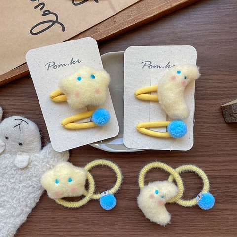 Ensemble de Barrettes Et Élastiques à Cheveux En Peluche Étoile Lune Pour Enfants Filles Accessoires Pour Cheveux En Tissu Doux