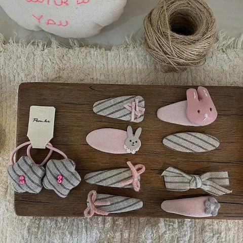 Koreanischer Stil Kinder Stoff Handgemachte Haarspangen Set Süße Hase Schleife Gestreifte Blume Stern Haargummis Mädchen Haarschmuck