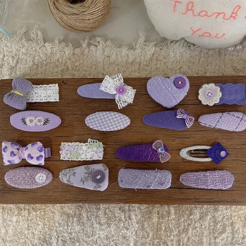 Lila Stoff Schleife Haarspangen Kollektion Handgefertigte Spitze Kariert Stickerei Süßer Haarschmuck Für Mädchen Kinder