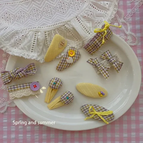 Douces Pinces À Cheveux En Tissu De Style Coréen Nœud Plaid Dentelle Bouton BB Clips Épingles À Cheveux Florales À La Main