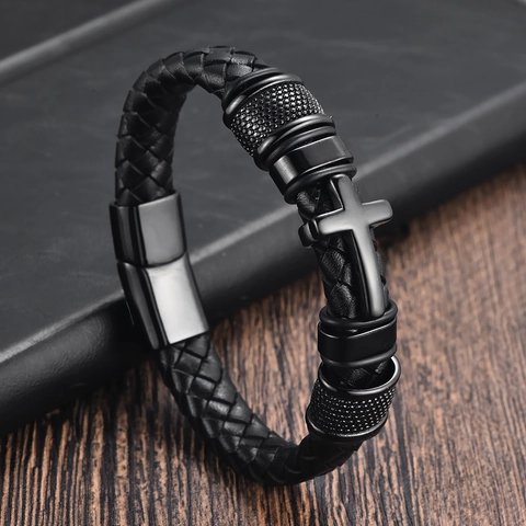 Men's Stainless Steel Cross Braided Genuine Leather Bracelet Western Fashion Punk Magnetic Clasp Jewelry Gift For Men