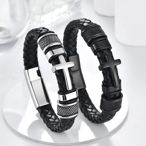 Men's Stainless Steel Cross Braided Genuine Leather Bracelet Western Fashion Punk Magnetic Clasp Jewelry Gift For Men