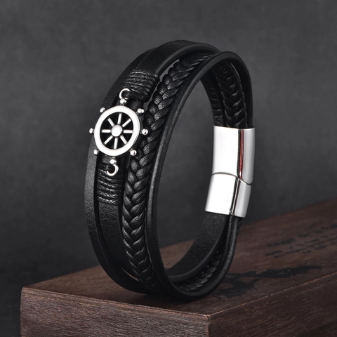 Bracciale Vintage da Uomo in Pelle Intrecciata con Timone in Acciaio Inossidabile Chiusura Magnetica Gioiello Moda Robusto
