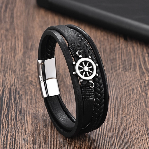 Bracciale Vintage da Uomo in Pelle Intrecciata con Timone in Acciaio Inossidabile Chiusura Magnetica Gioiello Moda Robusto