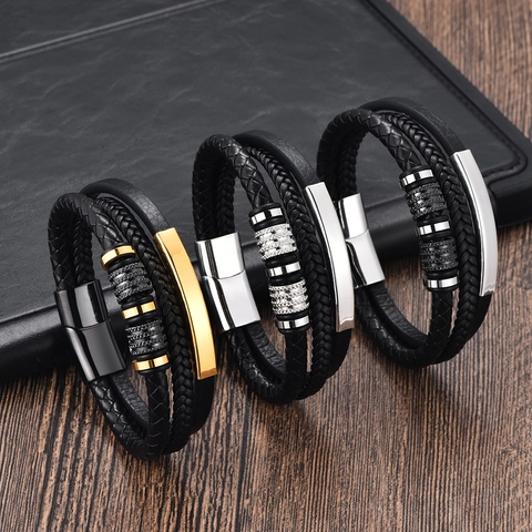 Bracciale in Pelle Intrecciata Multistrato Con Chiusura Magnetica in Acciaio Inossidabile Strass Punk Per Uomo Gioielli