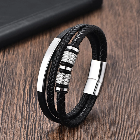 Bracciale in Pelle Intrecciata Multistrato Con Chiusura Magnetica in Acciaio Inossidabile Strass Punk Per Uomo Gioielli